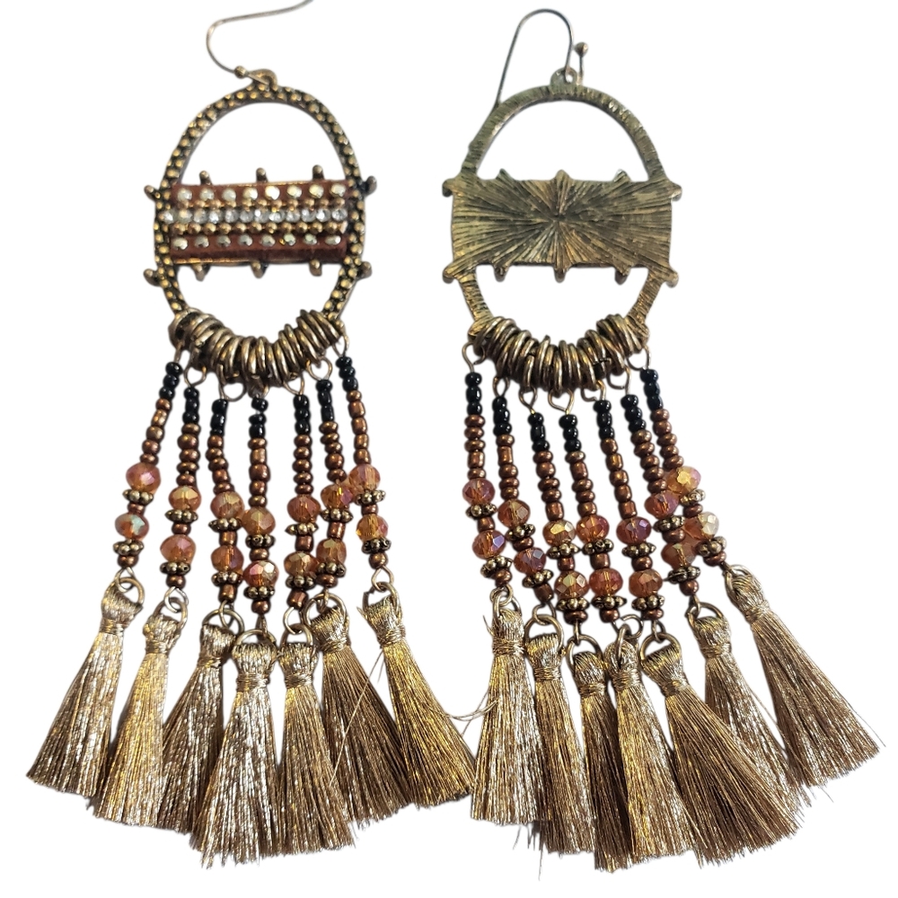 BRONZE & GOLDEN BEADED TASSEL FAUX RHINESTONE BOHO CHIC BOHEMIAN FESTIVAL EARRIN - Picture 4 of 13